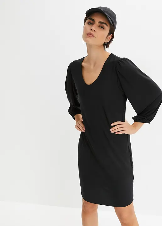 Bonprix Modisches Jerseykleid Mit V-Ausschnitt Und Puffärmeln - Schwarz