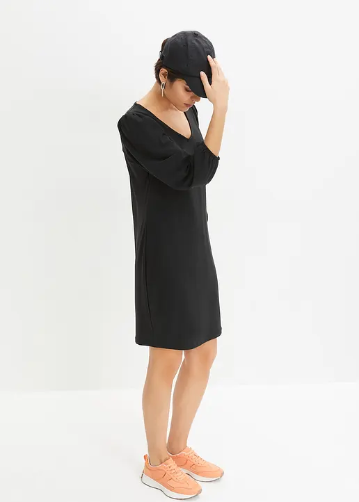 Bonprix Modisches Jerseykleid Mit V-Ausschnitt Und Puffärmeln - Schwarz