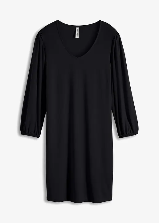 bonprix Modisches Jerseykleid mit V-Ausschnitt und Puffärmeln - schwarz