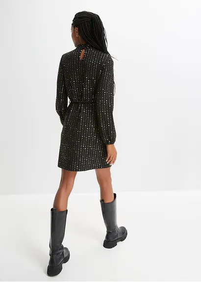 Bonprix Modisches Kleid In Strukturierter Optik Mit Bindeband Und Glänzendem Druck