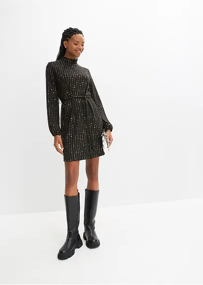 Bonprix Modisches Kleid In Strukturierter Optik Mit Bindeband Und Glänzendem Druck