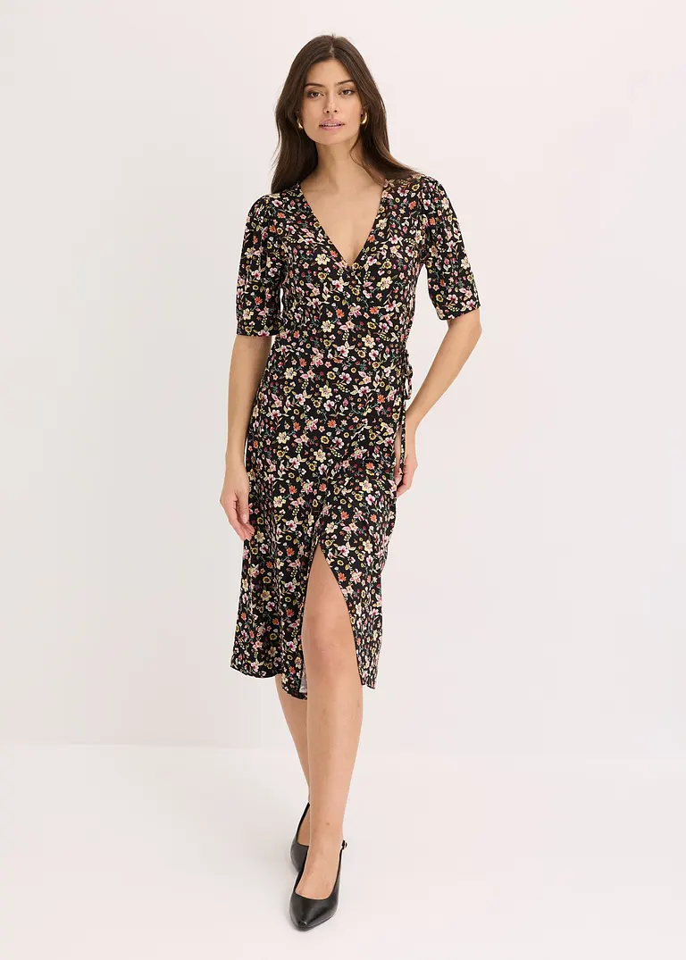 Bonprix Modisches Kleid In Wickeloptik - Schwarz - Damen