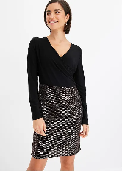 Bonprix Modisches Kleid Mit Pailletten Am Rock Und Tiefem V-Ausschnitt Vorne