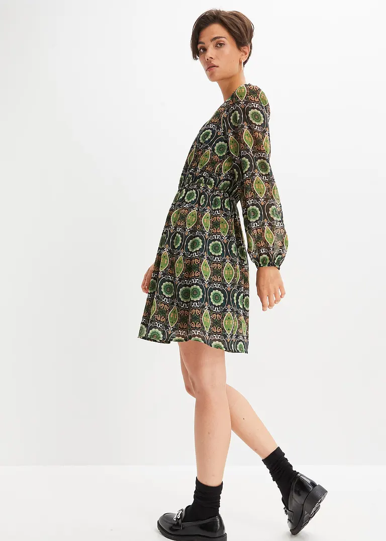 Bonprix Modisches Kleid Mit V-Ausschnitt Und Elastik In Der Taille - Grün