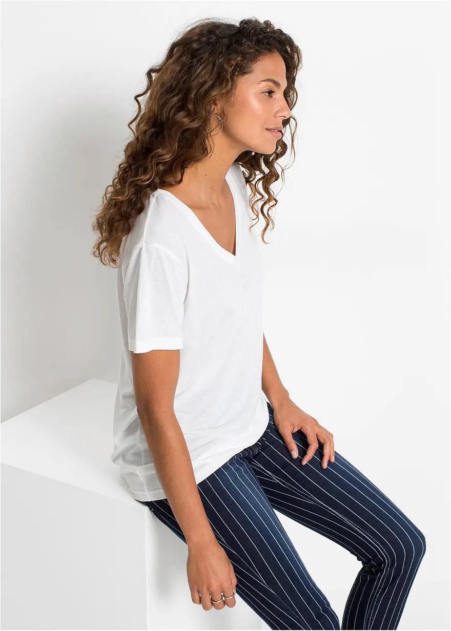 Bonprix Modisches Kurzarm-Shirt Mit V-Ausschnitt - Weiß - Damen