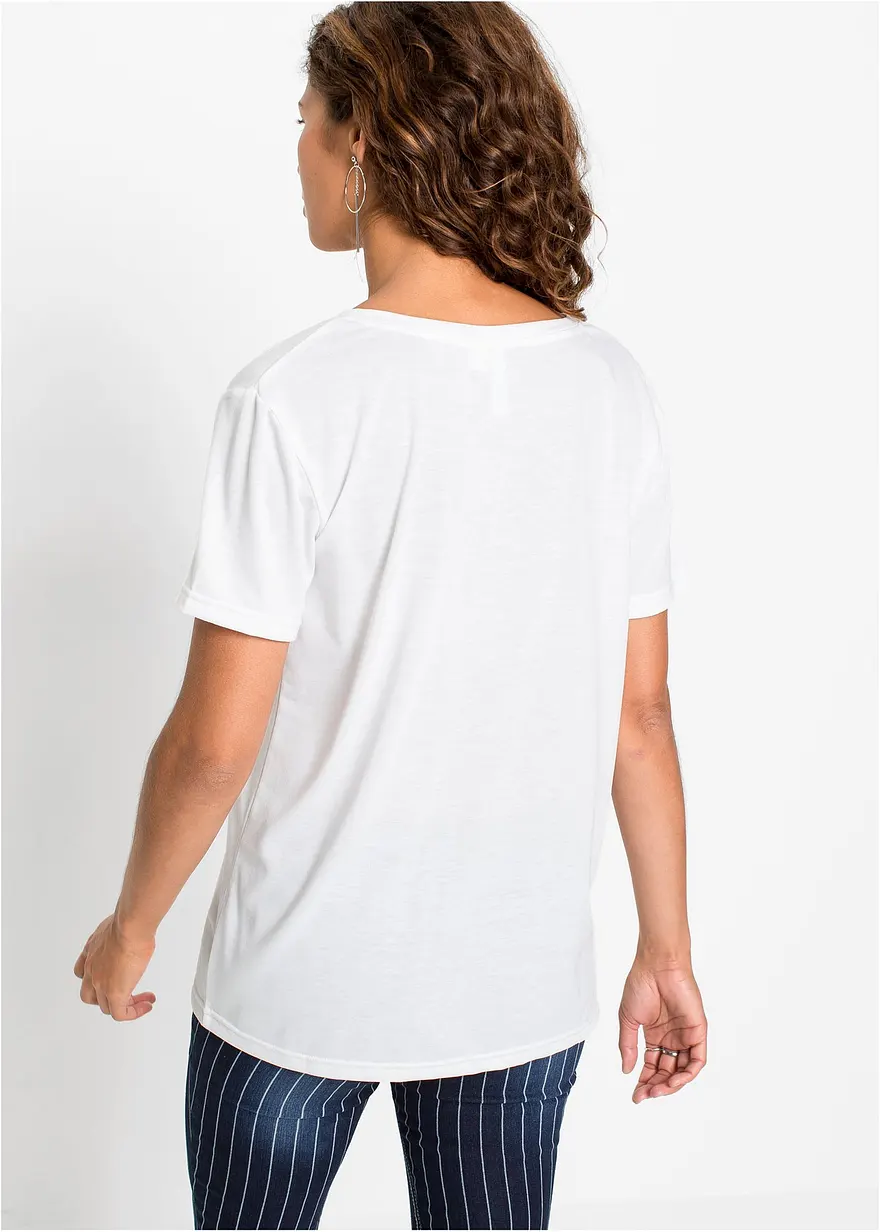 Bonprix Modisches Kurzarm-Shirt Mit V-Ausschnitt - Weiß - Damen