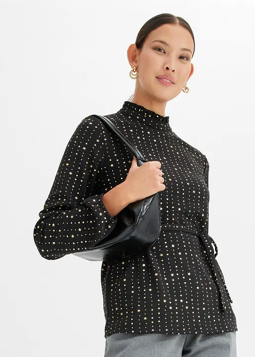 Bonprix Modisches Langarmshirt Aus Crêpe Mit Foilprint Und Bindedetail