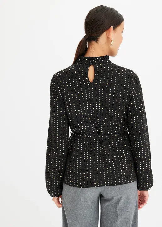 Bonprix Modisches Langarmshirt Aus Crêpe Mit Foilprint Und Bindedetail