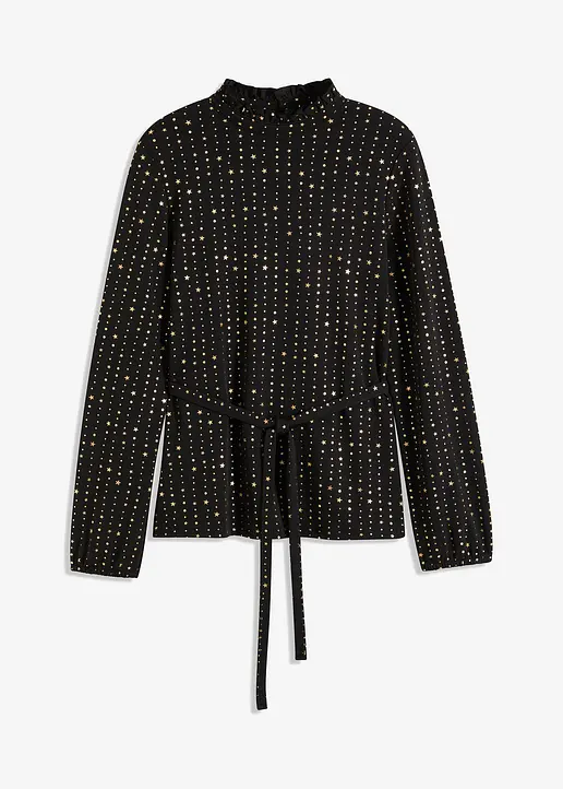 bonprix Modisches Langarmshirt aus Crêpe mit Foilprint und Bindedetail