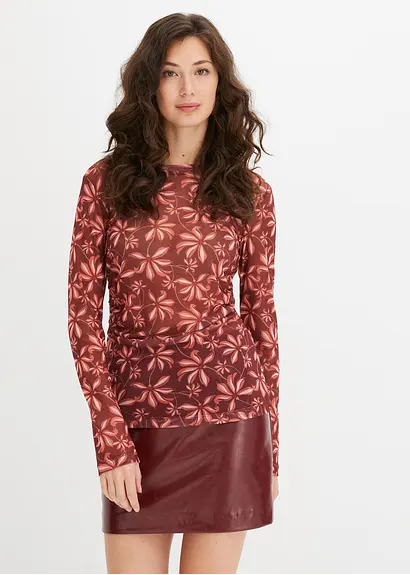 Bonprix Modisches Langarmshirt Aus Mesh Mit Druck - Rot - Damen