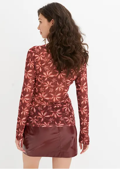 Bonprix Modisches Langarmshirt Aus Mesh Mit Druck - Rot - Damen