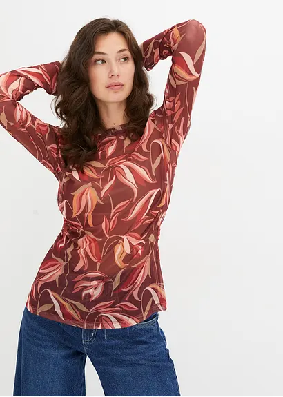 Bonprix Modisches Langarmshirt Aus Mesh Mit Druck - Rot - Damen