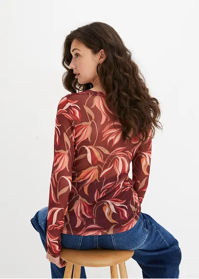 Bonprix Modisches Langarmshirt Aus Mesh Mit Druck - Rot - Damen