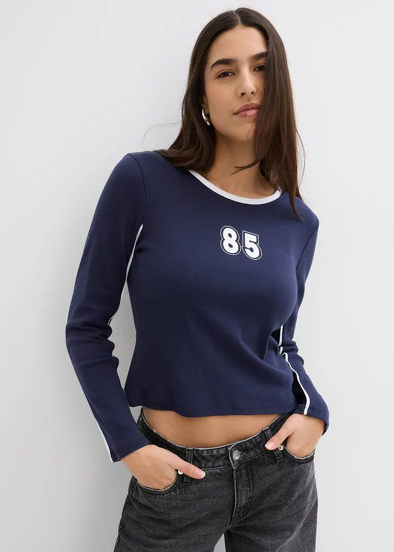 Bonprix Modisches Langarmshirt Mit Aufdruck - Blau - Damen