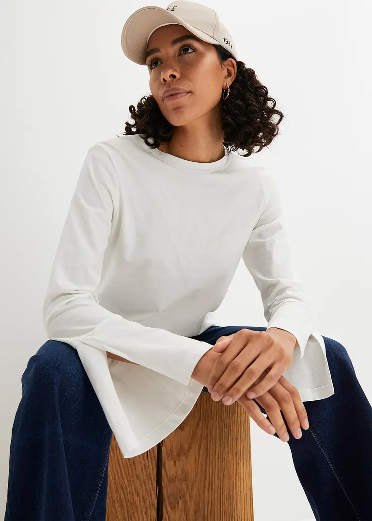 Bonprix Modisches Langarmshirt Mit Schlitzdetail Am Ärmel - Weiß - Damen