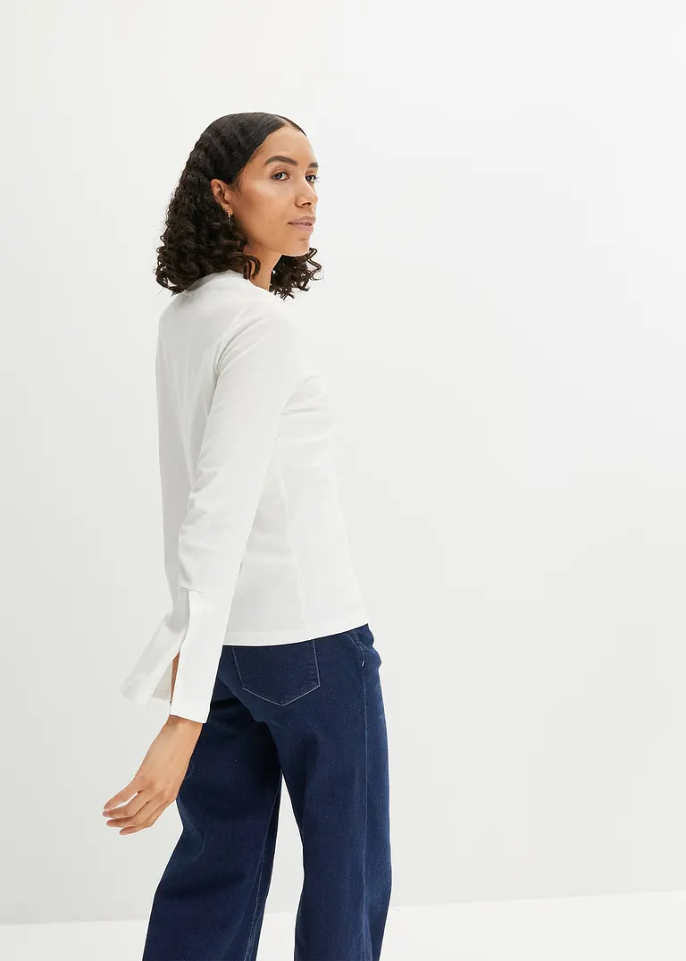 Bonprix Modisches Langarmshirt Mit Schlitzdetail Am Ärmel - Weiß - Damen