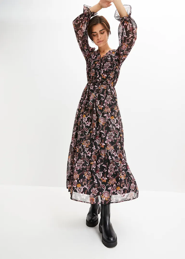 Bonprix Modisches Maxikleid Mit Blumen-Druck - Schwarz Regular