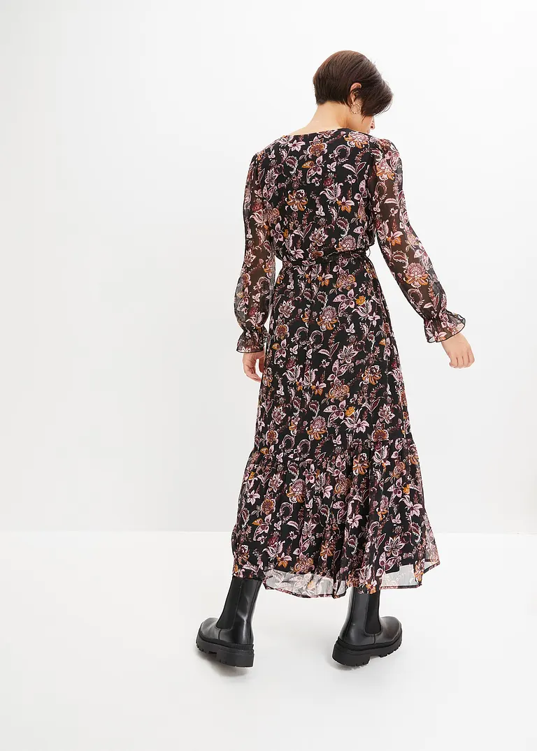 Bonprix Modisches Maxikleid Mit Blumen-Druck - Schwarz Regular