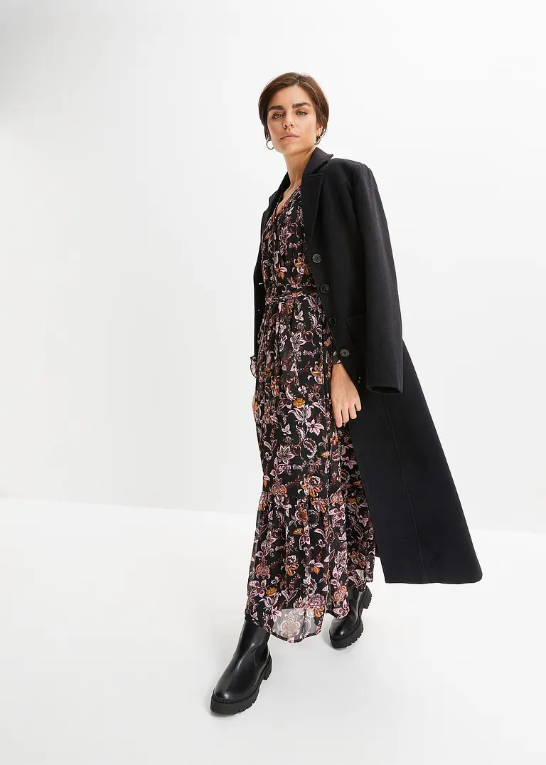 Bonprix Modisches Maxikleid Mit Blumen-Druck - Schwarz Regular