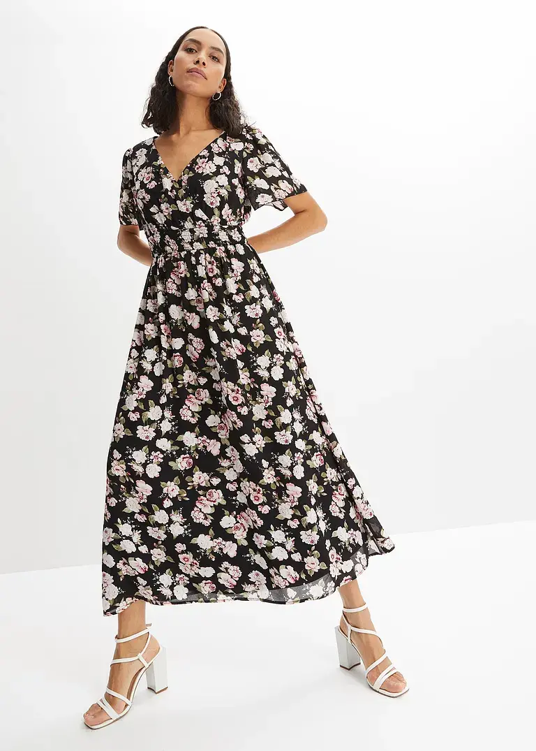 Bonprix Modisches Maxikleid Mit Blumen-Print - Schwarz Regular