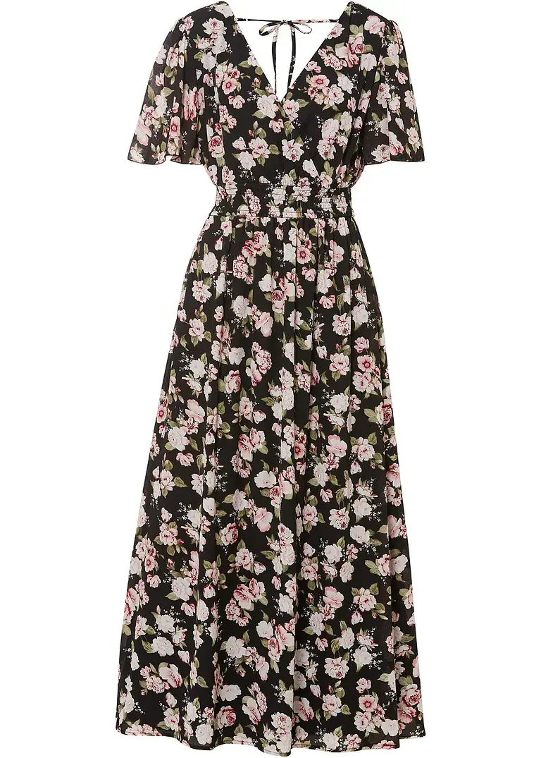 Bonprix Modisches Maxikleid Mit Blumen-Print - Schwarz Regular