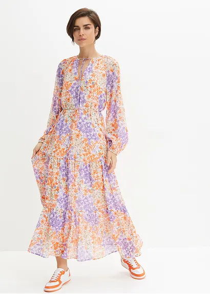 Bonprix Modisches Maxikleid Mit Blumen-Print - Weiß - Damen