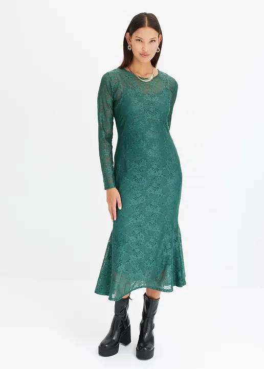 Bonprix Modisches Midikleid Aus Spitze Und Langen Ärmeln - Grün