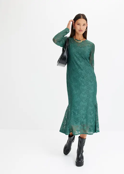 Bonprix Modisches Midikleid Aus Spitze Und Langen Ärmeln - Grün