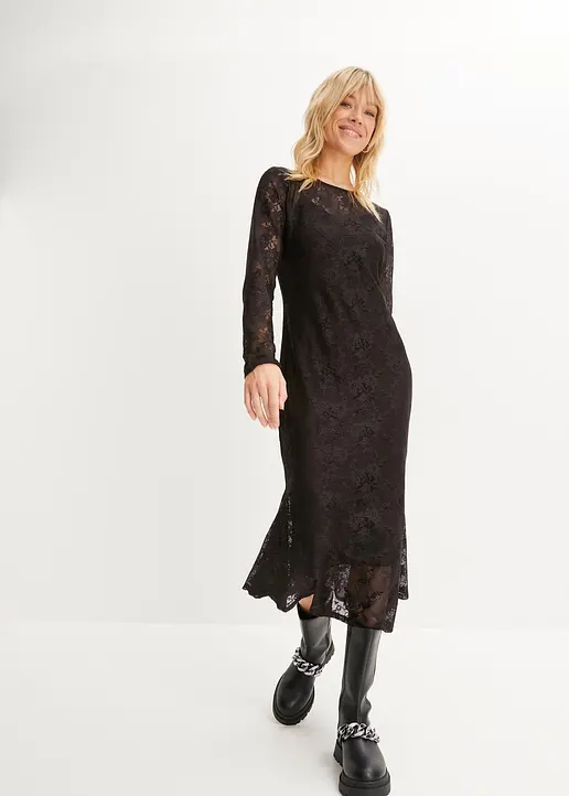 Bonprix Modisches Midikleid Aus Spitze Und Langen Ärmeln - Schwarz