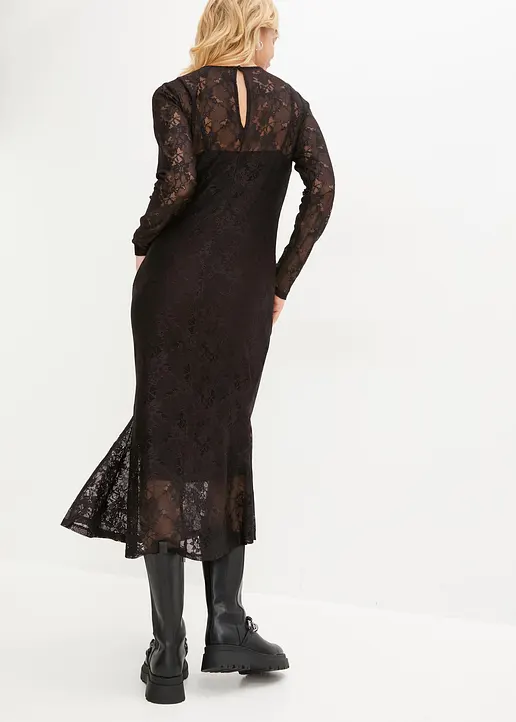 Bonprix Modisches Midikleid Aus Spitze Und Langen Ärmeln - Schwarz