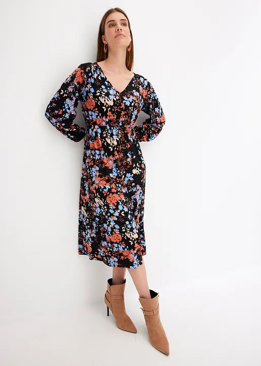 Bonprix Modisches Midikleid Mit Floralem Print - Schwarz