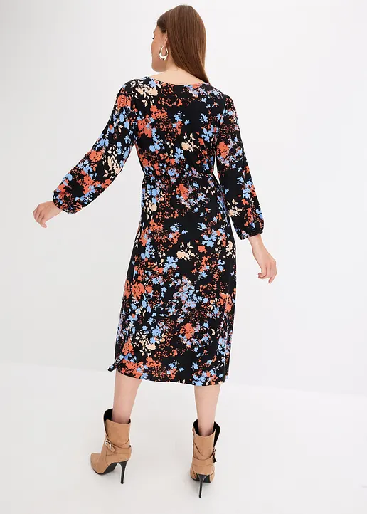 Bonprix Modisches Midikleid Mit Floralem Print - Schwarz
