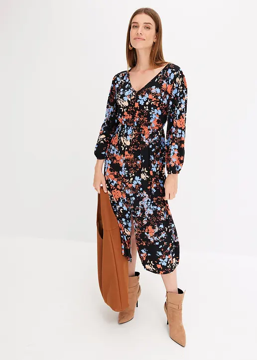 Bonprix Modisches Midikleid Mit Floralem Print - Schwarz