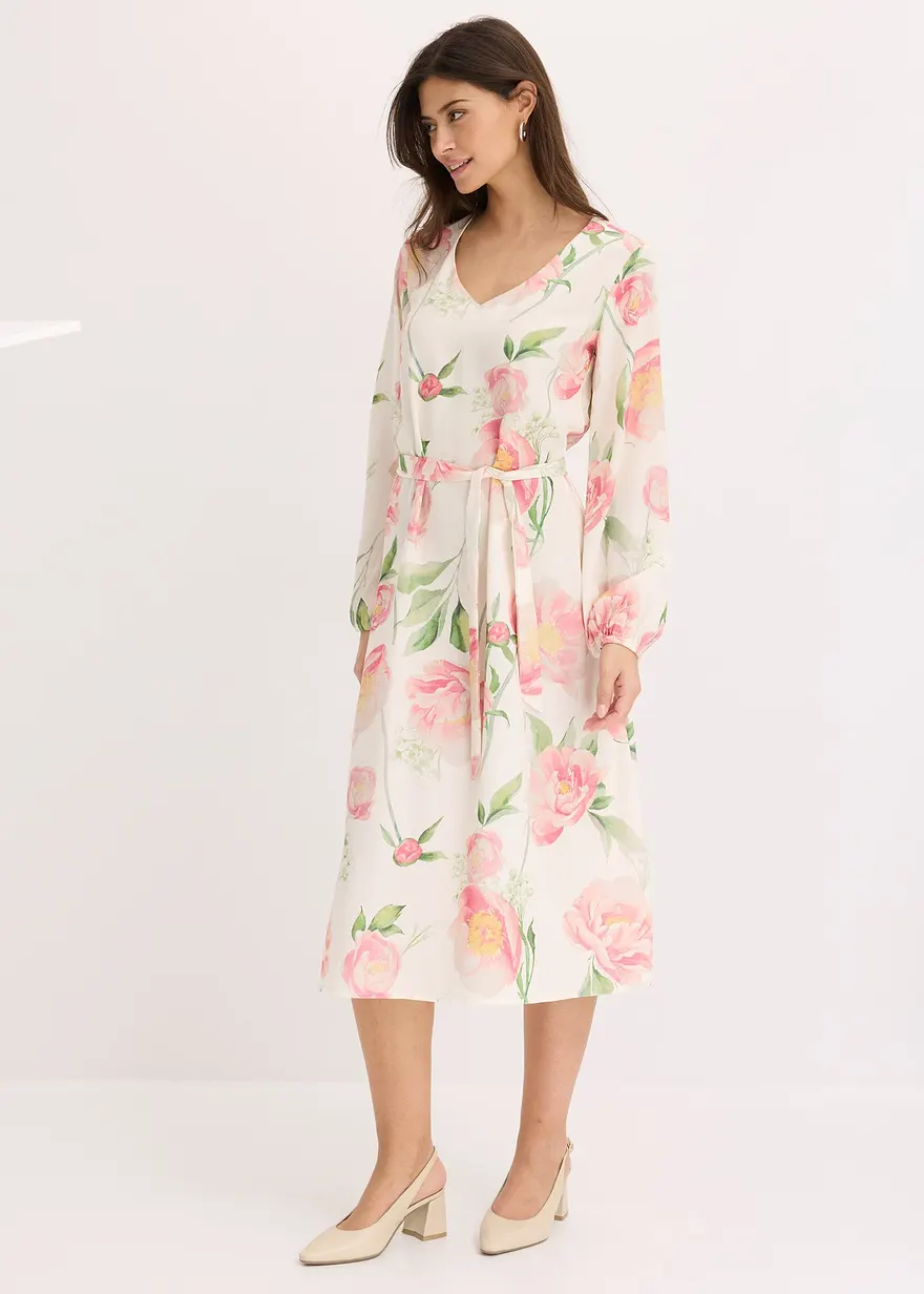 Bonprix Modisches Midikleid Mit Floralem Print - Weiß - Damen