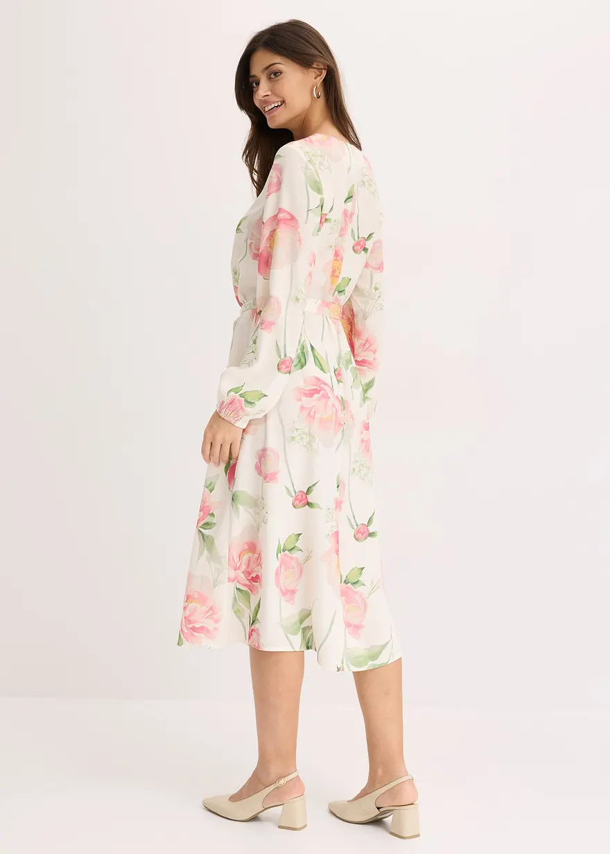 Bonprix Modisches Midikleid Mit Floralem Print - Weiß - Damen
