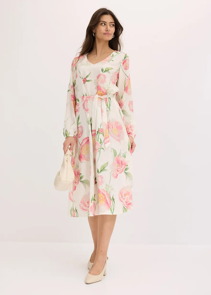 Bonprix Modisches Midikleid Mit Floralem Print - Weiß - Damen