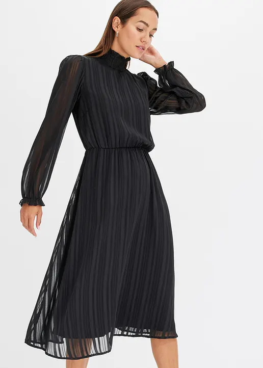 Bonprix Modisches Midikleid Mit Stehkragen - Schwarz - Damen