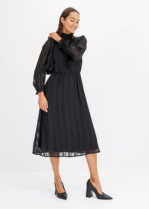 Bonprix Modisches Midikleid Mit Stehkragen - Schwarz - Damen