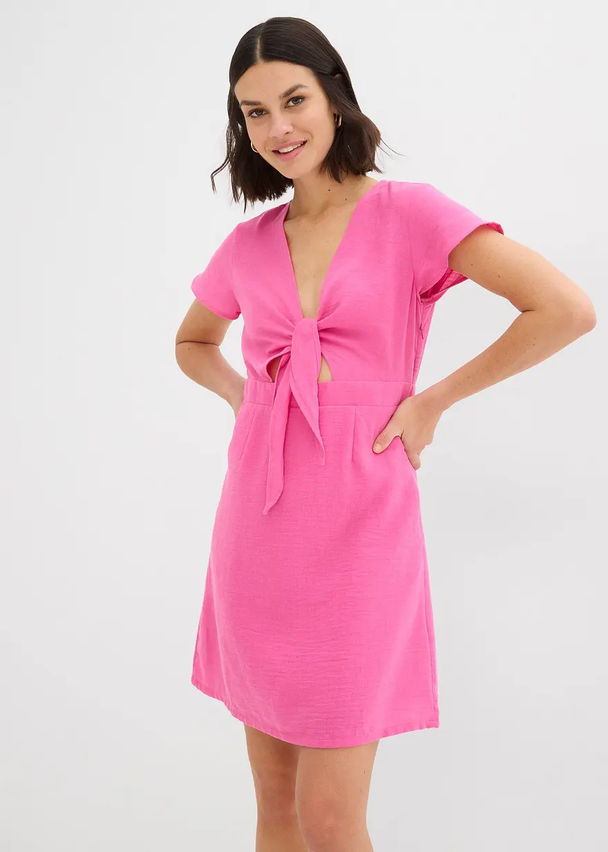 Bonprix Modisches Mini-Kleid Mit Tiefem Ausschnitt Und Bindedetail - Pink