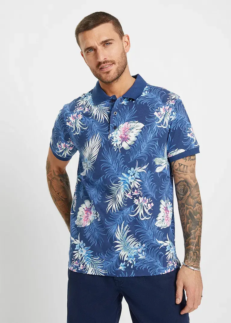 Bonprix Modisches Poloshirt Mit Hawaiianischen Print - Blau
