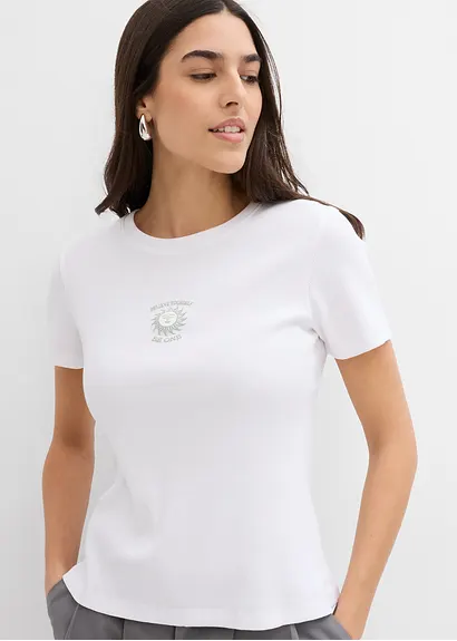 Bonprix Modisches Ripp-T-Shirt Mit Aufdruck - Weiß - Damen