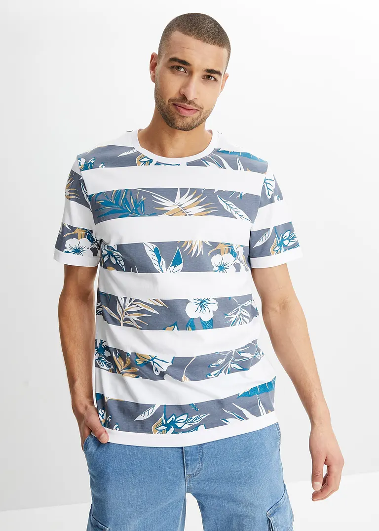 Bonprix Modisches Rundhals T-Shirt Mit Angesagtem Allover Druck - Weiß