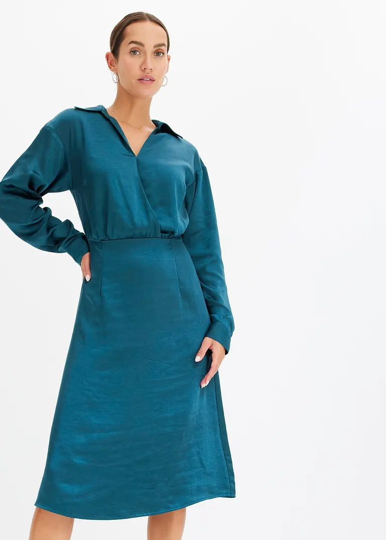 Bonprix Modisches Satin-Kleid Mit Blusenkragen - Petrol - Damen