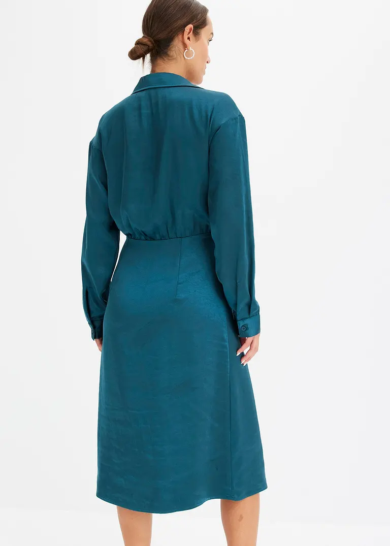 Bonprix Modisches Satin-Kleid Mit Blusenkragen - Petrol - Damen