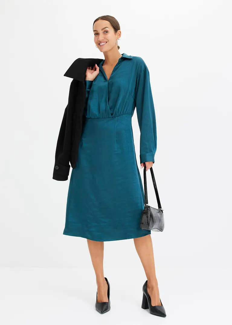 Bonprix Modisches Satin-Kleid Mit Blusenkragen - Petrol - Damen