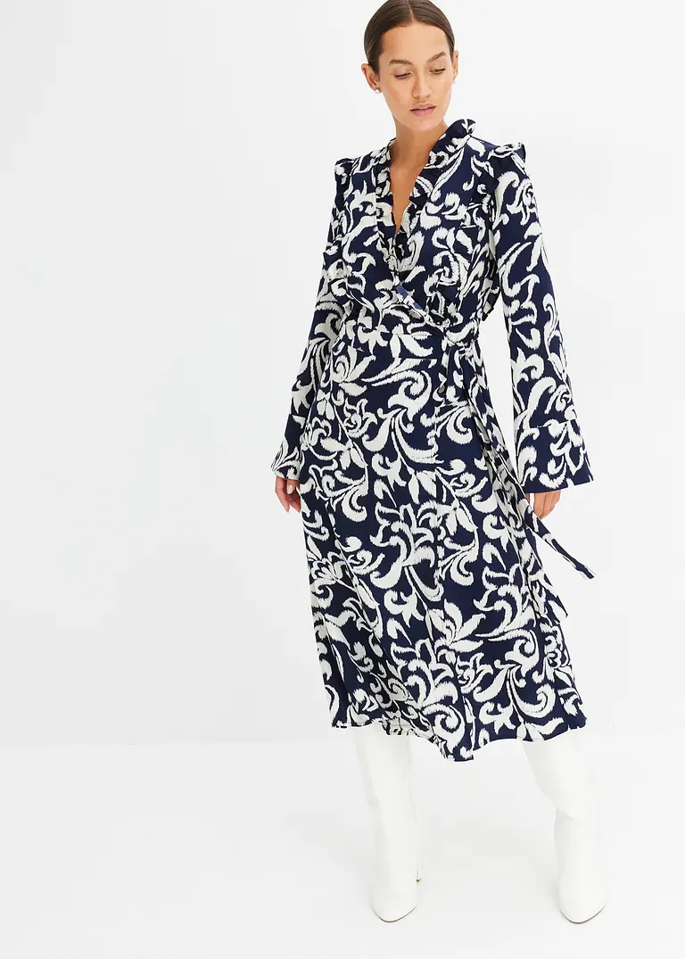 Bonprix Modisches Satin-Wickelkleid Mit Volants An Der Schulter - Blau