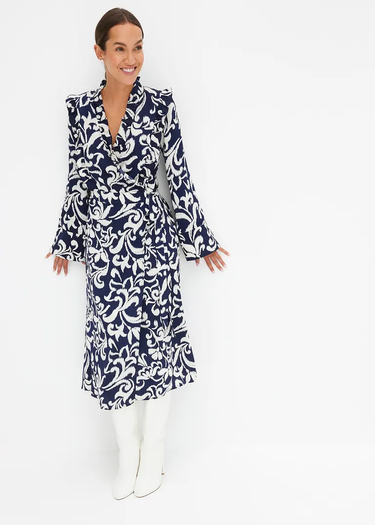 Bonprix Modisches Satin-Wickelkleid Mit Volants An Der Schulter - Blau