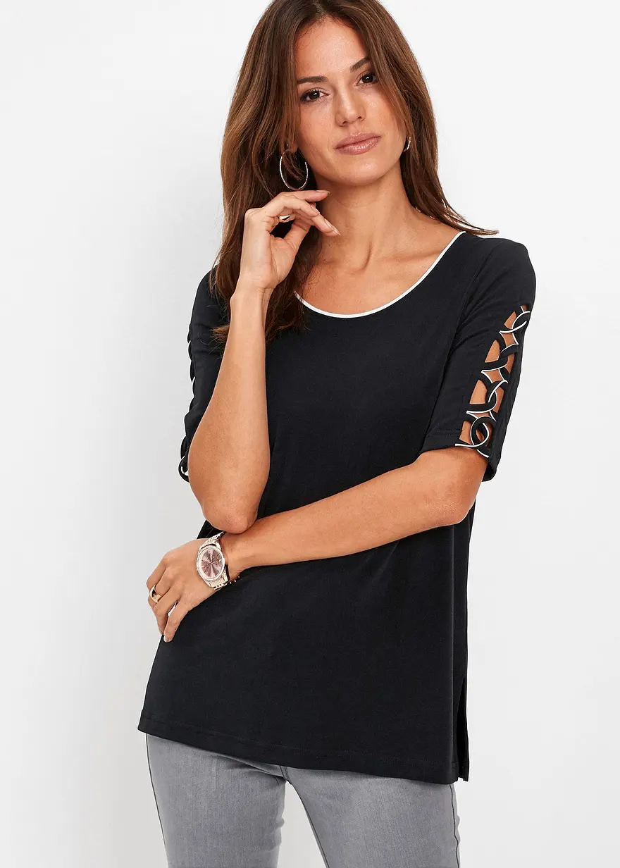 Bonprix Modisches Shirt Mit Ärmeldetails - Schwarz - Damen