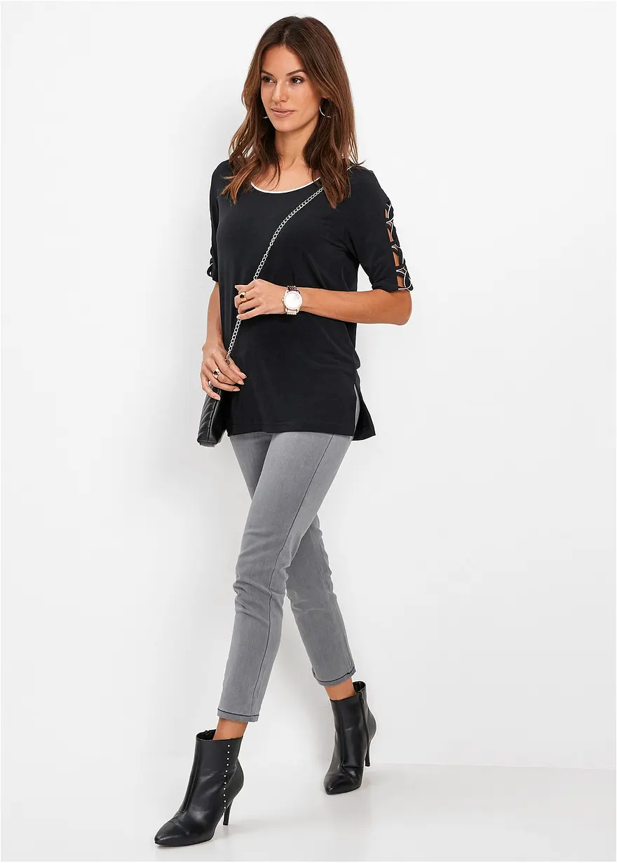 Bonprix Modisches Shirt Mit Ärmeldetails - Schwarz - Damen