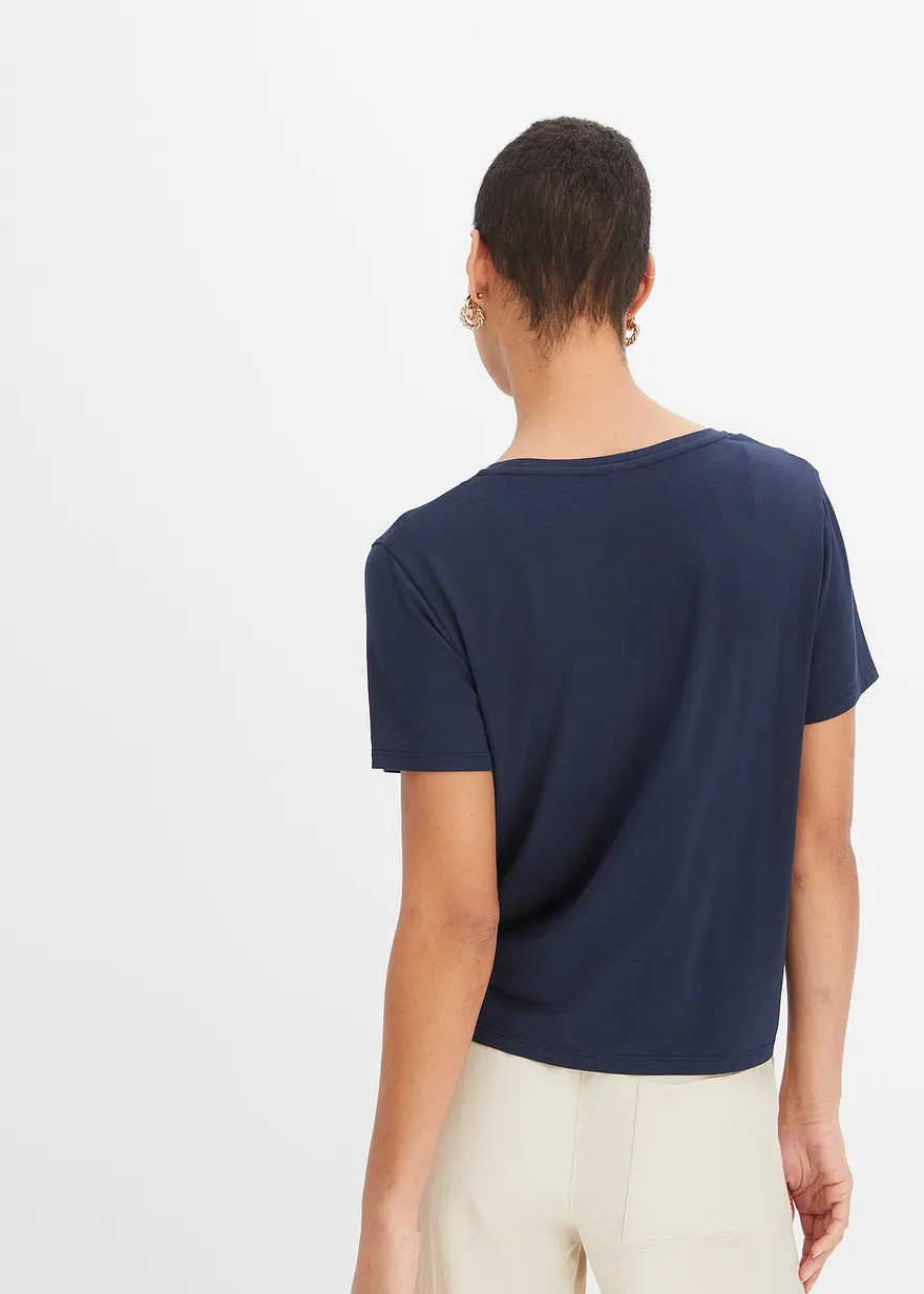 Bonprix Modisches Shirt Mit Bedrucktem Web-Material Vorne Und Knoten-Detail Am Saum